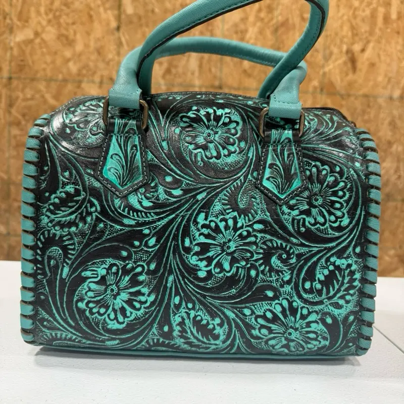 Genuine Hand-Tooled & Painted Leather Medium Speedy Bag, All-Over Turquoise Tooling with Black Inlay