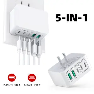 2PACK 50W USB C Wall Charger, 5-Port PD&QC 3.0 Flat Cube, 16 Layers Safety Protection, Thin Fast Charging Block for iPhone 17-12 Pro Max iPad Samsung Tablets