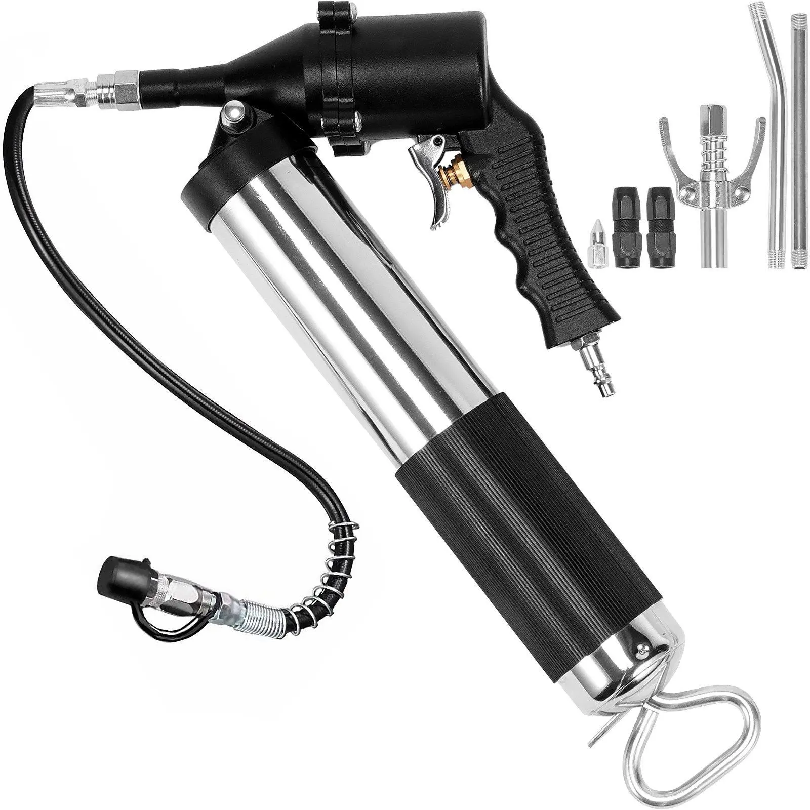 【Summerfinds】VEVOR Air Operated Grease Gun, 6000PSI, 14 OZ/400 CC Capacity Heavy Duty Pneumatic Grease Gun, with 18.5 Inch Flexible Hose, 1 Black Flat Coupler Pointed Coupler Bent Metal Pipe Locking Clamp Coupler