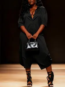 Women's Solid Button Front Shirt Jumpsuit, Loose Fit Wide Leg Pants, Casual Half Sleeve Design, Fashionable Plus Size Womenswear