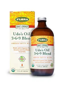 Flora Health- Udo's Choice Omega 369 Oil Blend, Made with Organic Flax, Sesame & Sunflower Seed Oils, Plant-Based Vegan Omega Fatty Acids, 17-fl, oz. Glass Bottle