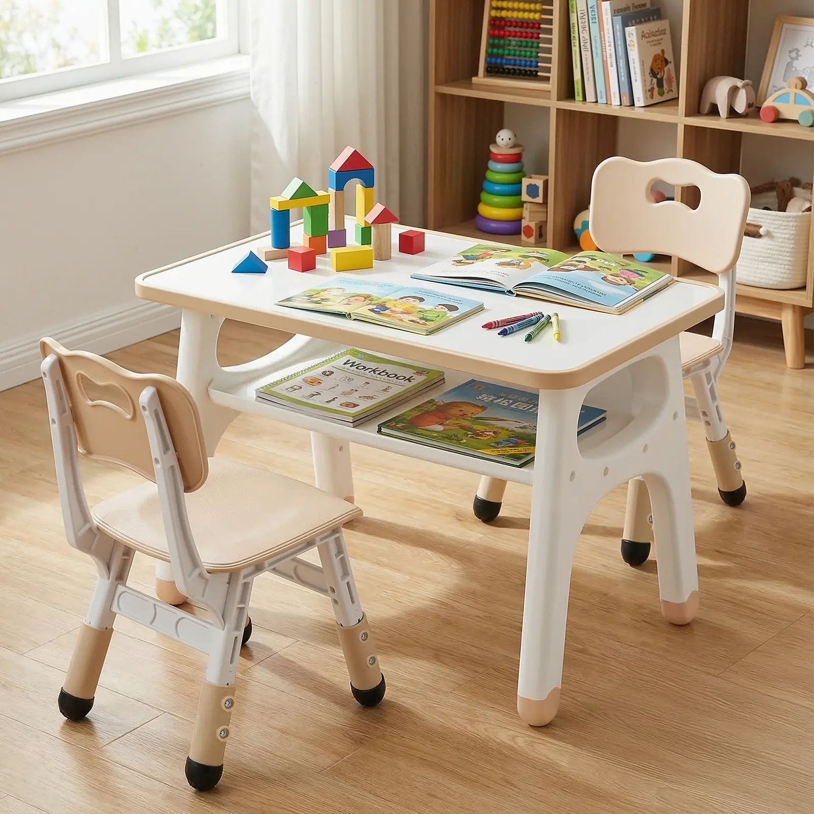 Arlopu Kids Table and 2 Chairs Set, Children Activity Table with Large Built-in Storage, Graffiti Desktop, Adjustable Height Toddler Chair with Anti-Slip Foot Covers for Reading, Drawing, Snack Time				 summerwins