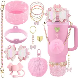 12PCS Accessories for Stanley Cup 40oz&30oz Tumbler Accessories including Silicone Cute Pink Bow Straw Topper Cover Silicone Stanley Boot Leather Bottle Handle Strap Bracelet Y2K Pink Charms