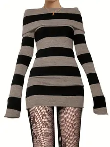 Women's Y2k Trendy Striped Print Off Shoulder Bodycon Knit Dress, Womenswear Fashion Casual Long Sleeve Sweater Mini Dress for Fall & Winter, Cozy Fall Outfits for Women