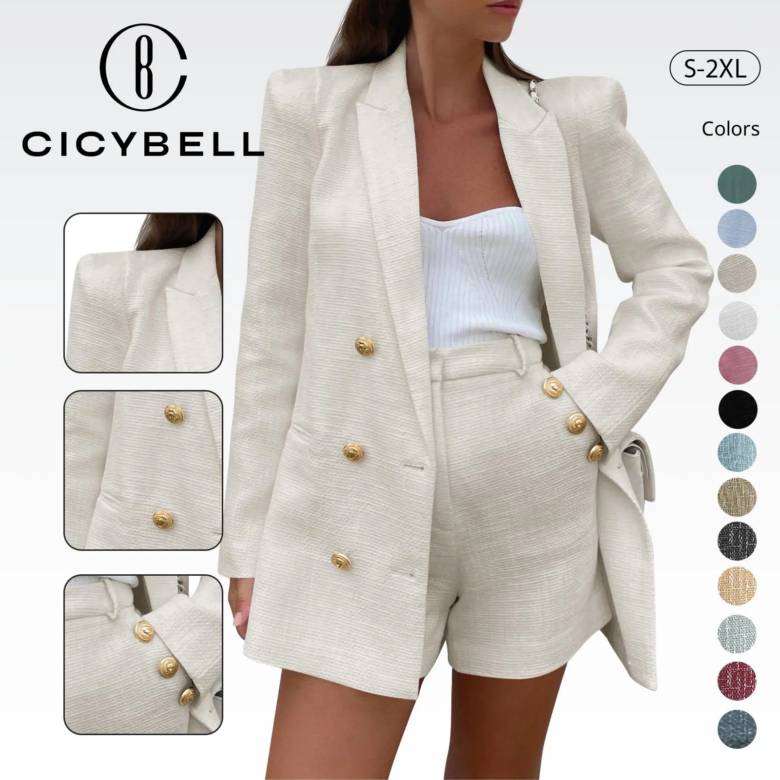 Cicy Bell Women's 2 Piece Tweed Blazer Shorts Set Long Sleeve Double Breasted Suit Jacket Business Outfit Soft Thick Fabric Fitted Elegant Professional