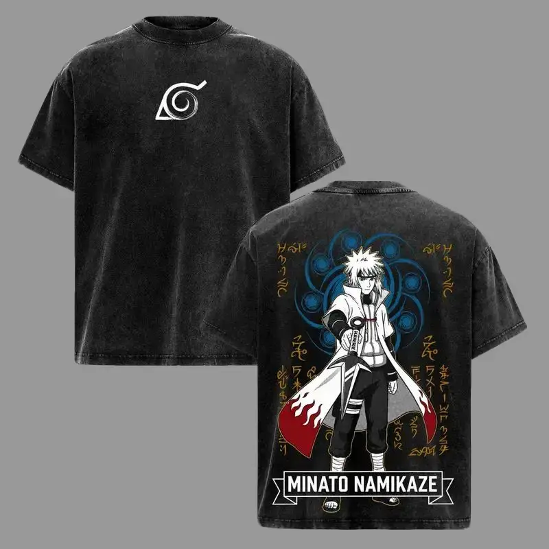 Vintage Washed T-shirt of Minato Namikaze, Loose Tanks & Tees with Anime Manga Prints, Heavyweight Cotton Streetwear of the Fourth Hokage, Ninja Back Print Unisex Fashion Gift Crewneck Tshirt
