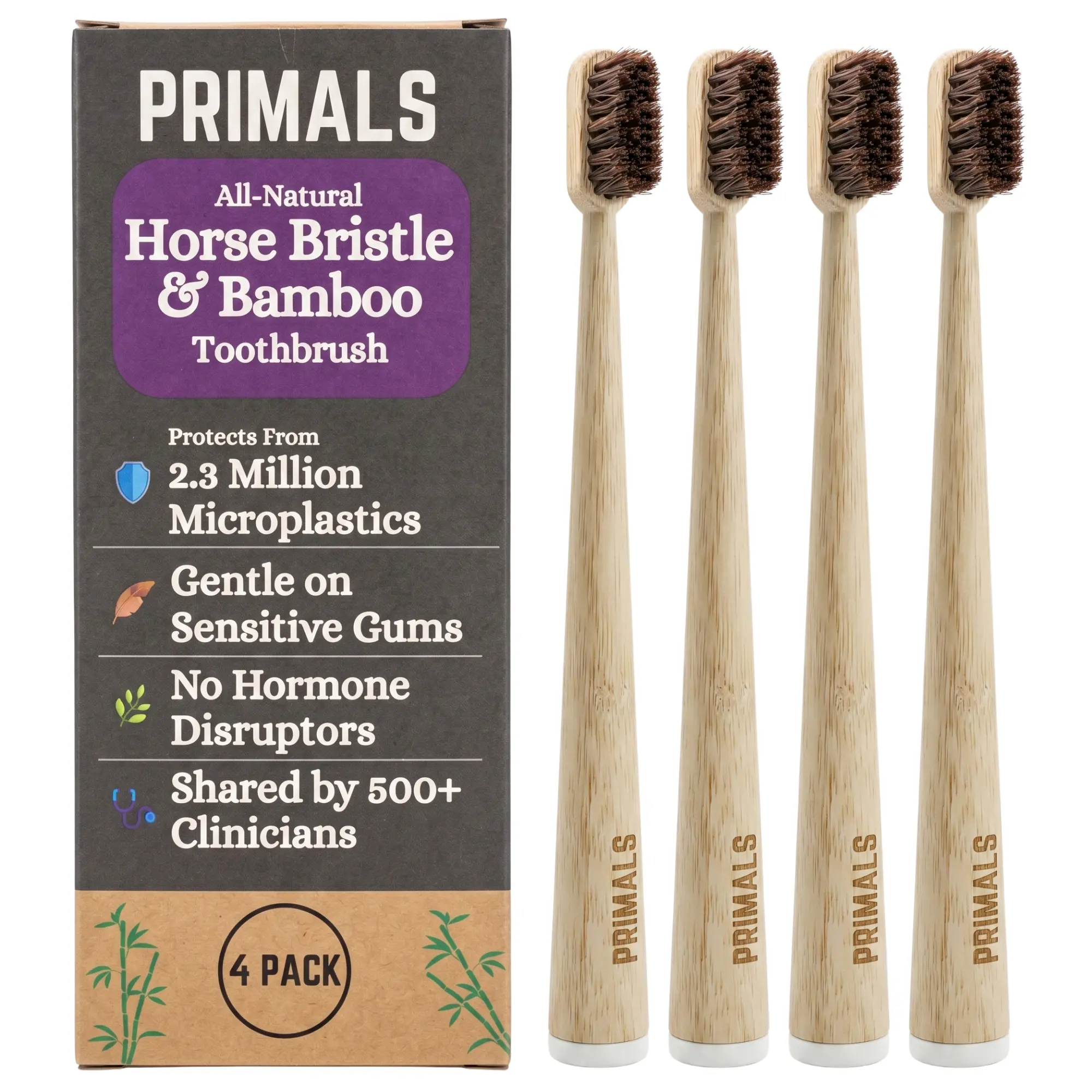 PRIMALS Horse Bristle & Bamboo Toothbrush (4-Pack) - Luxurious & Soft Horse Bristles - Approved by 500+ Clinicians - Fully Biodegradable - Plastic & Nylon Free - Quick Dry Design - Plastic-Free Oral Care