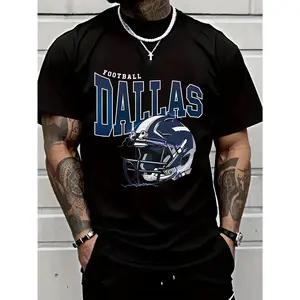 Dallas Football Letter Print T-Shirt, 200g 100% Cotton Couple Style Tee, Summer Sport Short Sleeve Crew Neck, High Street Trend, Outdoor Holiday Gift, Printed Design