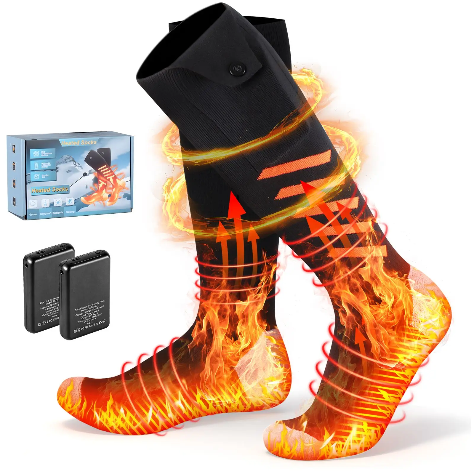 Heated Socks for Men and Women, 2 x 6000mAh Battery Rechargeable Heated Socks, Up to 10 Hours of Warmth, 360° Heating, Washable Thermal Socks for Camping, Skiing, Hiking, Fishing and Outdoor Work