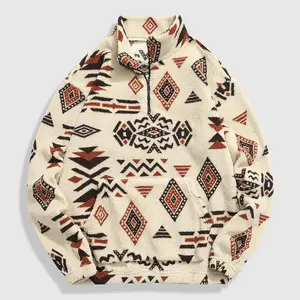 Men's Ethnic Style Half-Zip Fleece-Lined Warm Pullover Tops - Menswear Long Sleeve Stand Collar Casual Autumn Winter Coat