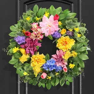 Spring Wreaths for Front Door, 24 Inch Greenery Front Door Wreath with Peonies Dahlias Hydrangeas, Artificial Home Decorations for Indoor Outdoor Window Wall,Outside Floral Wreath Decor for Home Porch