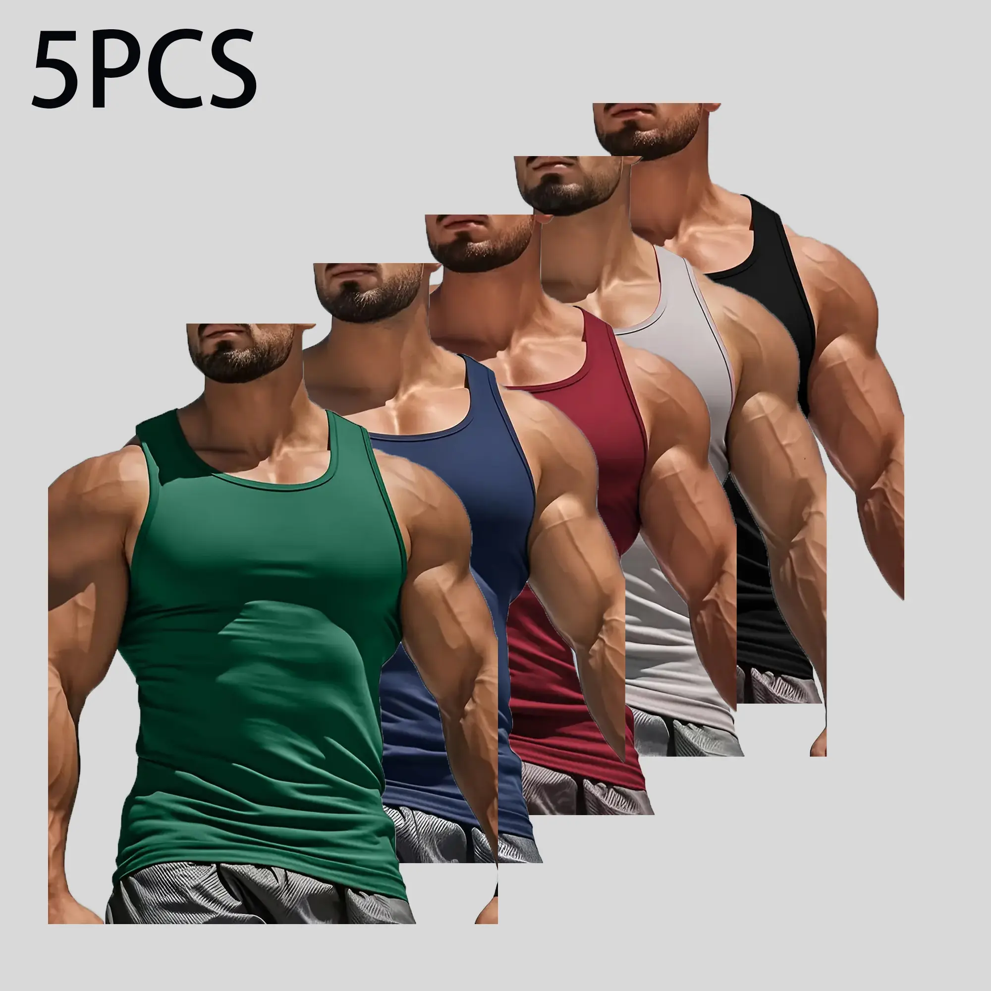 5-Pack Men’s Slim Fit Sports Tank Tops – High Stretch, Breathable, Sleeveless Fitness Shirts for Summer, Slimming Base Layer, Quick Dry summerwins