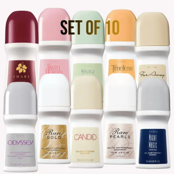 Avon Roll-On Antiperspirant Deodorant incluided fragance: Far Away, Haiku, Imari, Candid, Sweet Honesty, Rare pearl, Rare Gold, Timeless, Night Magic and Odessey Set of 10
