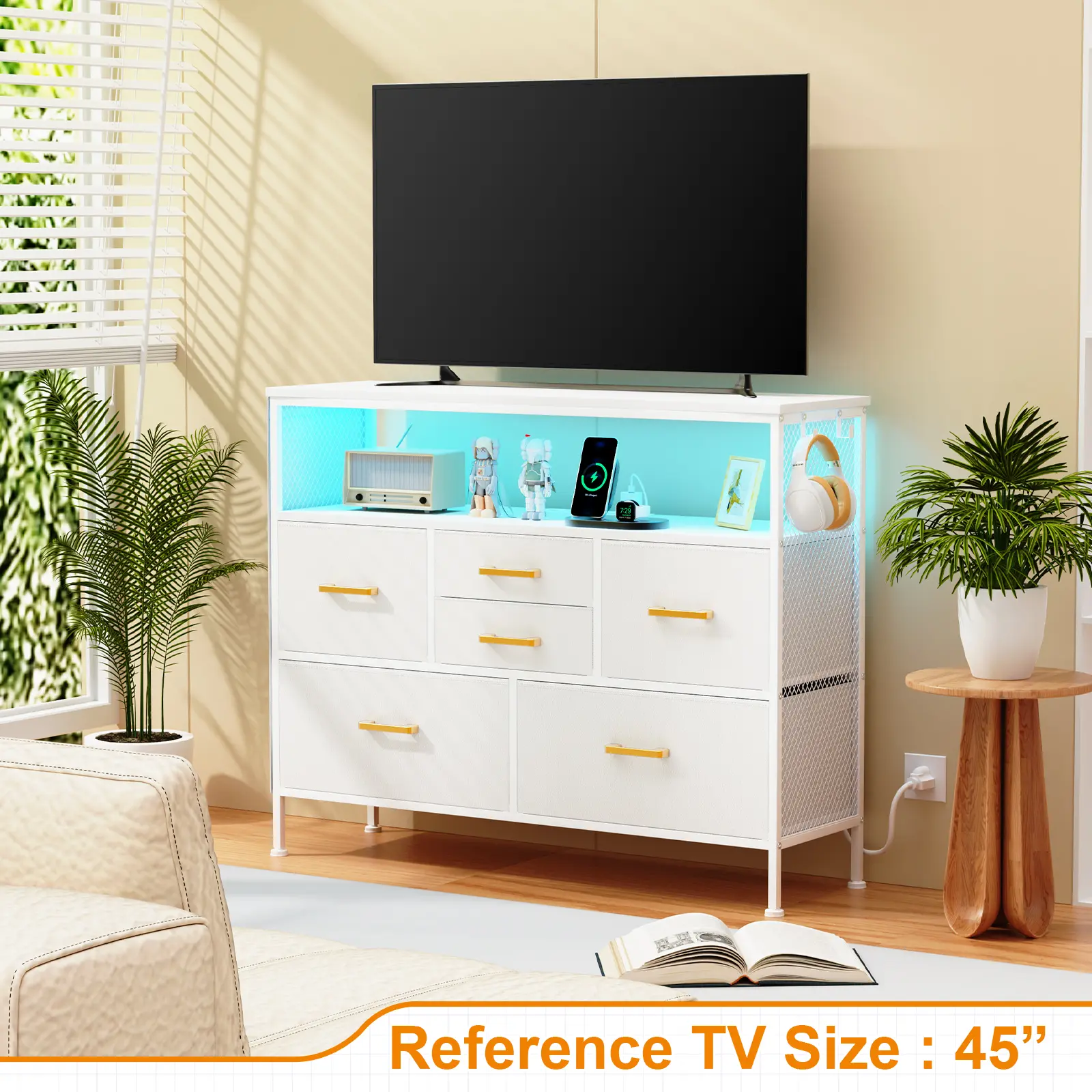 Sturdy Polyester LED TV Stand - 45" TV Compatible Media Console, Adjustable Feet, 4 Outlets, Storage, Assembly Required, Apartment Studio Furniture for Living Room, Bedroom