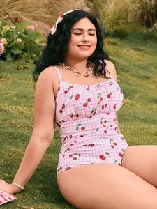 Plus Size Cherry Print One-Piece Swimsuit - Summer Vacation Beachwear