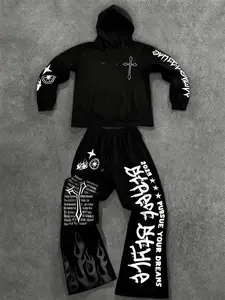 Men Street Style Cross Flame Print Set Comfortable Knit Fabric Trendy Casual Daily Home Relaxation Sports 2026