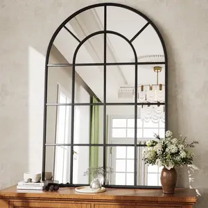 BEAUTYPEAK 36 x 24 Arched Windowpane Mirror Decor Wall Mirror, Black