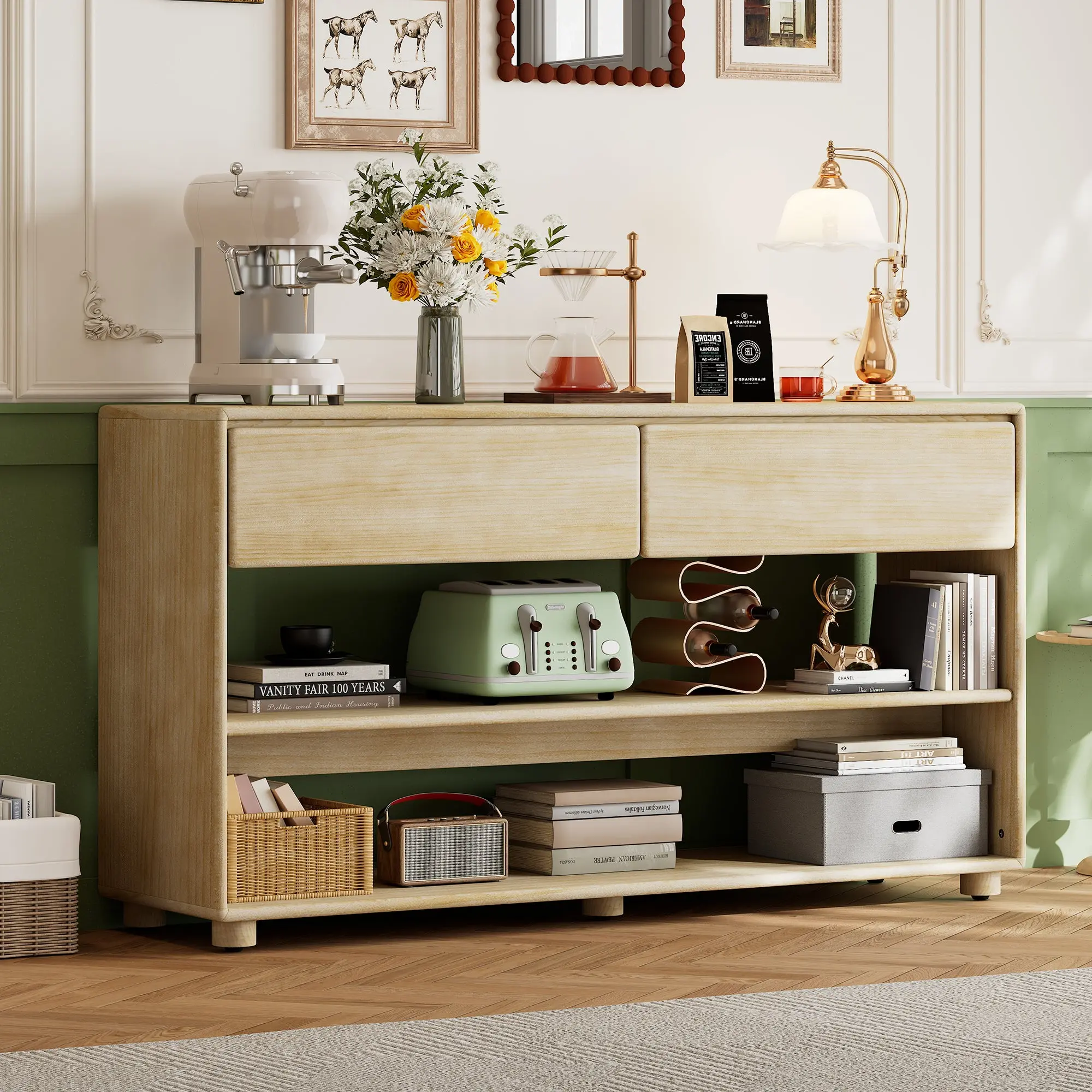TREXM Console Table for Entryway, Vintage Entryway Table with Drawers and Shelves, Perfect Console Tables with Storage for Entryway, Hallway, Living Room (Natural Wood Wash)