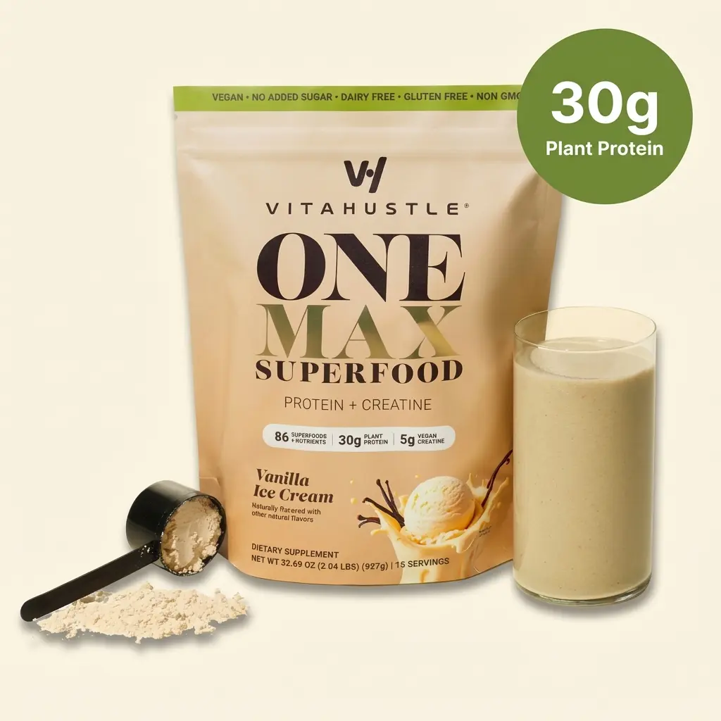 VitaHustle ONE MAX 30g Protein + 5g Creatine Nutrition Shake, Vitamins, Adaptogens, Daily Greens, Probiotics, Vegan, Dairy-Free, Gluten-Free, Non-GMO, double chocolate, vanilla ice cream, Fitness, Fiber Muscle Support Dietary Supplement