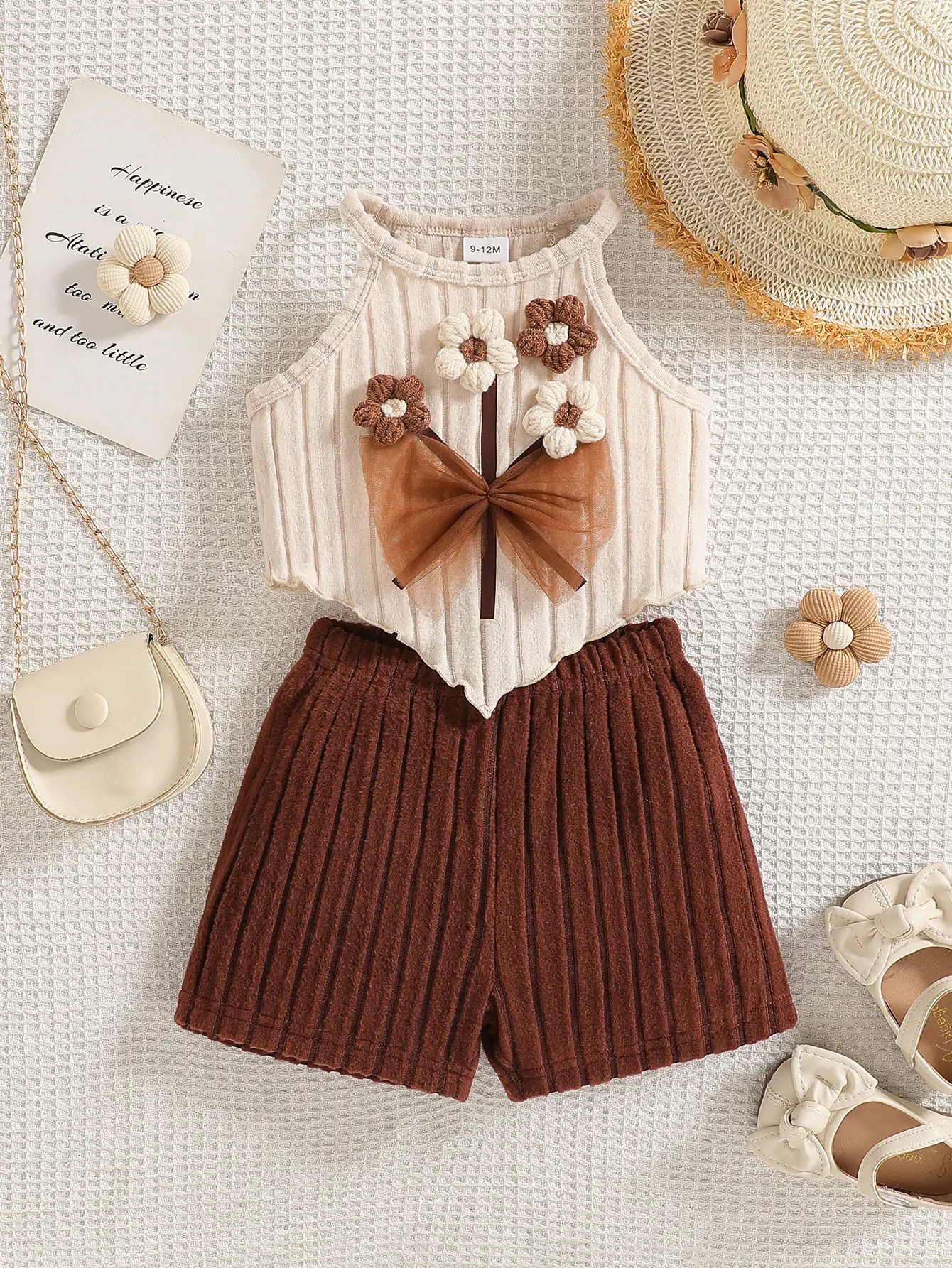 Baby girl fresh countryside style+flowers, bow decoration+hanging neck, three-dimensional flower decoration, bow decoration+shorts style+daily and outdoor play, baby clothes for summer