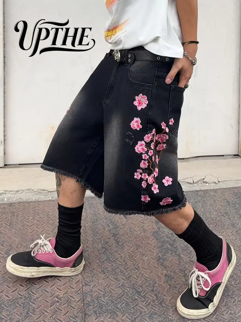 UPTHE Men's Denim Jorts with Graphic Cherry Blossom Embroidery, Oversized Wide Leg Fit, Vintage Hip Hop Streetwear Aesthetic, Outfits, Long, Floral, Loose, Classic, Casual, Buttons, Denim Shorts, Baggy Jorts