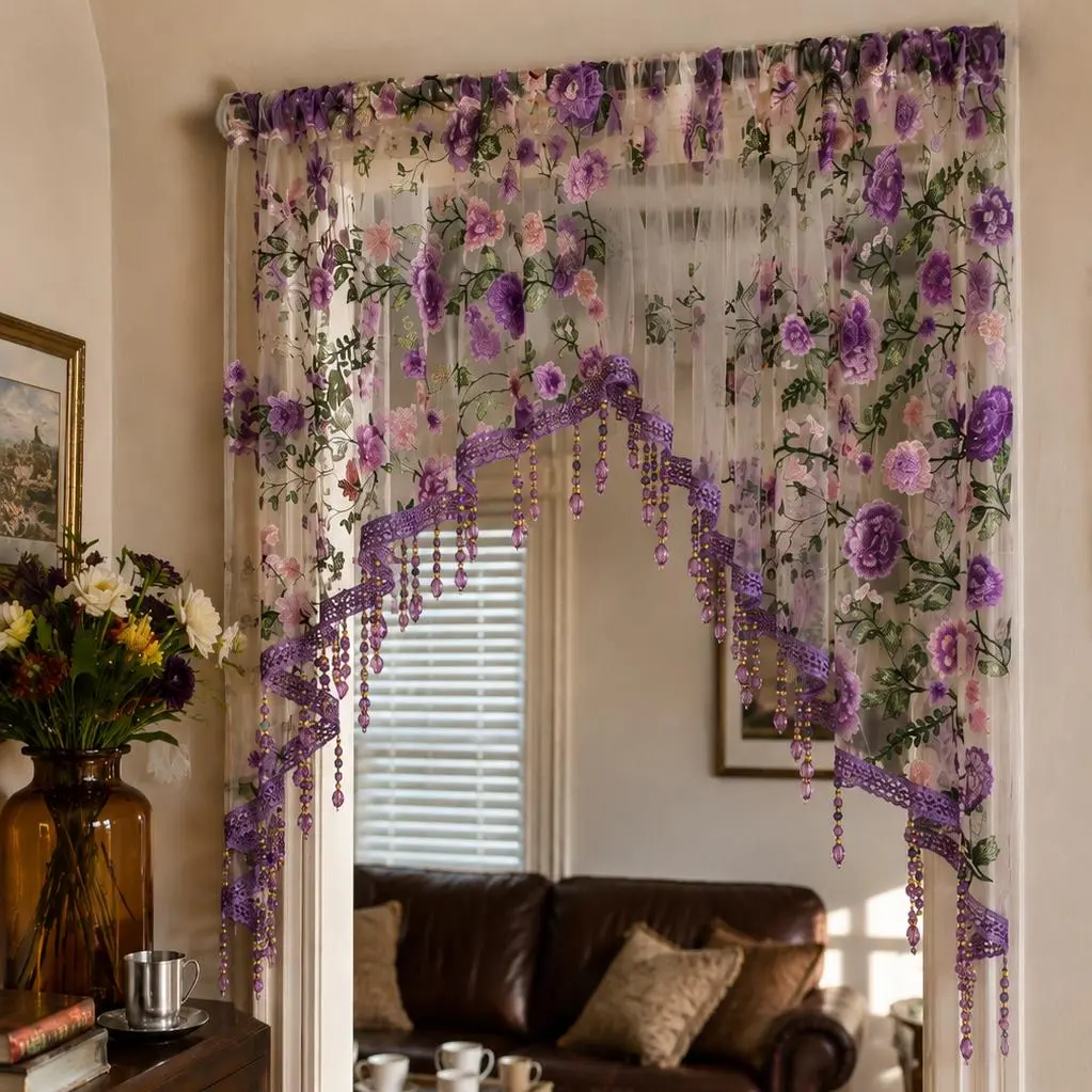 Vintage French Country Whimsy Purple Rose Embroidered Arched Valance Curtain - Beaded Tassels, Romantic Bedroom Accessories, Room Decor, Home Decor Items, Apartment Accessory