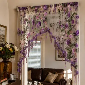 Elegant purple rose embroidered curtain with beaded tassels and a vintage French country-style arched valance, perfect for wardrobes, romantic room decor, and a must-have for apartment bedrooms, living rooms, and vacation home decor.