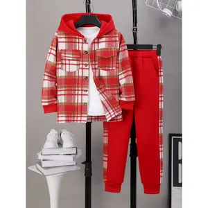 Boy's Fall Winter Outfits Comfy Plaid Print Long Sleeve Warm Button Up Hoodie & Casual Versatile Sweatpants Set 2Pcs Clothing For Daily And Outdoor Wear 42407059