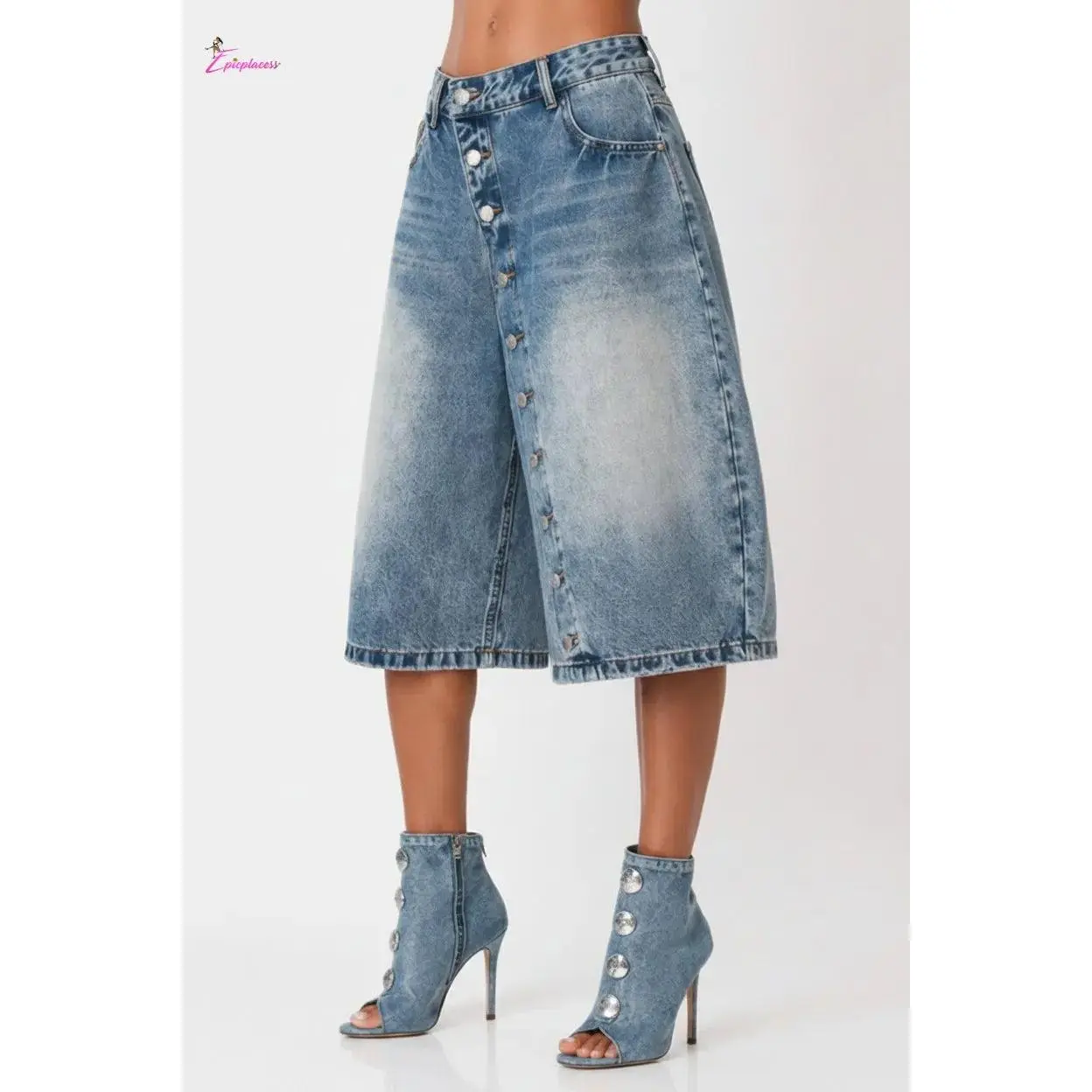 Wide Leg Button-Front Denim Culottes
