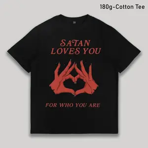 Retro “Satan Loves You” Graphic T-Shirt - Vintage Gothic Streetwear, Distressed Print Loose Fit Tee