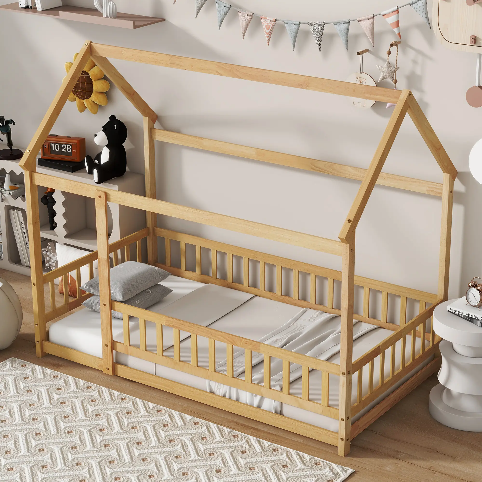 Twin Size Wooden House Floor Bed with Roof Frame & Safety Guardrails, Solid Rubberwood Bed with House-Shaped Design, Floor Bed for Bedroom