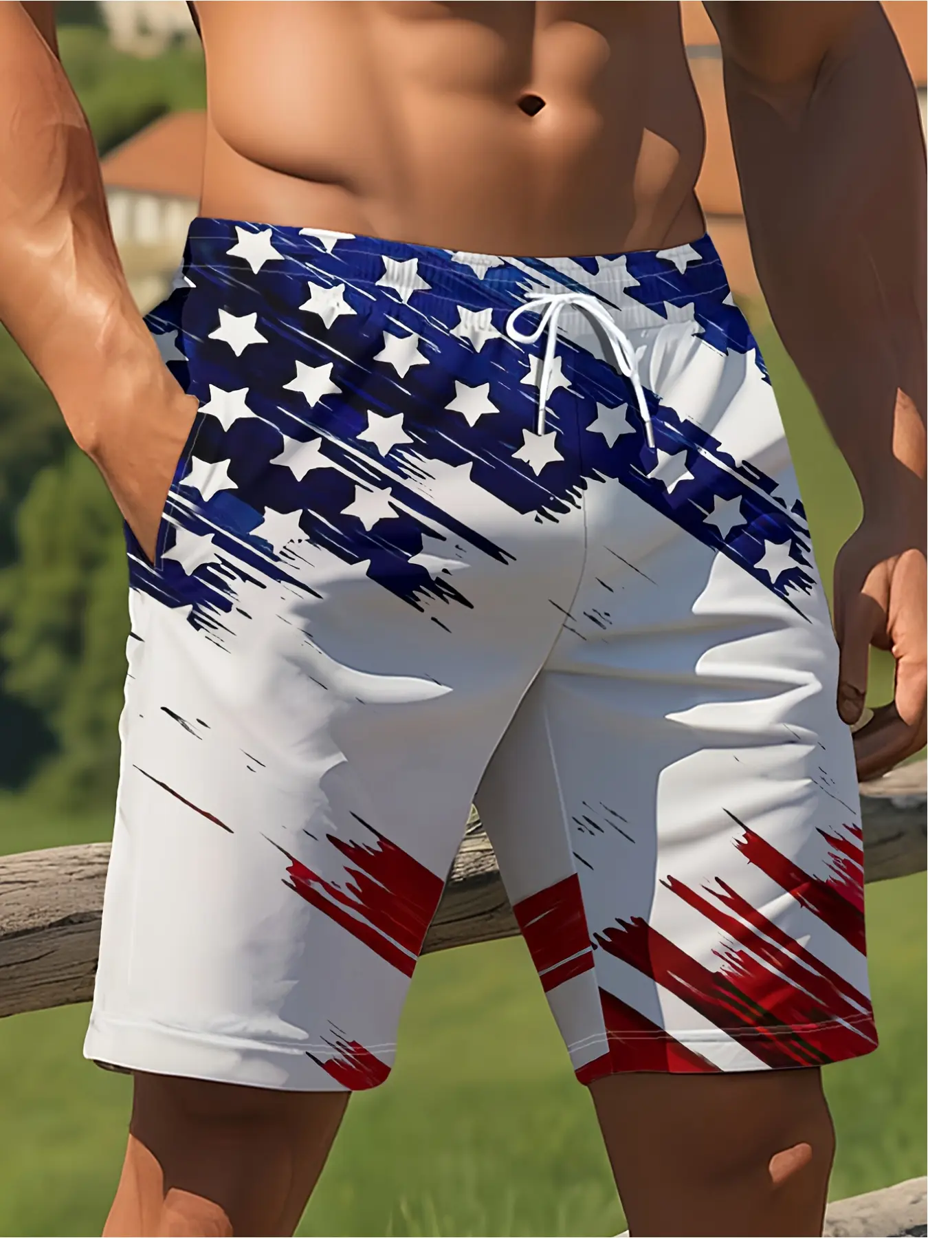 Men's American flag swimming trunks, Summer Swim Trunks, Swimwear Shorts, Swimsuit Shorts, fashionable street style, Hawaiian holiday stretch waist bags, drawstring designer clothing
