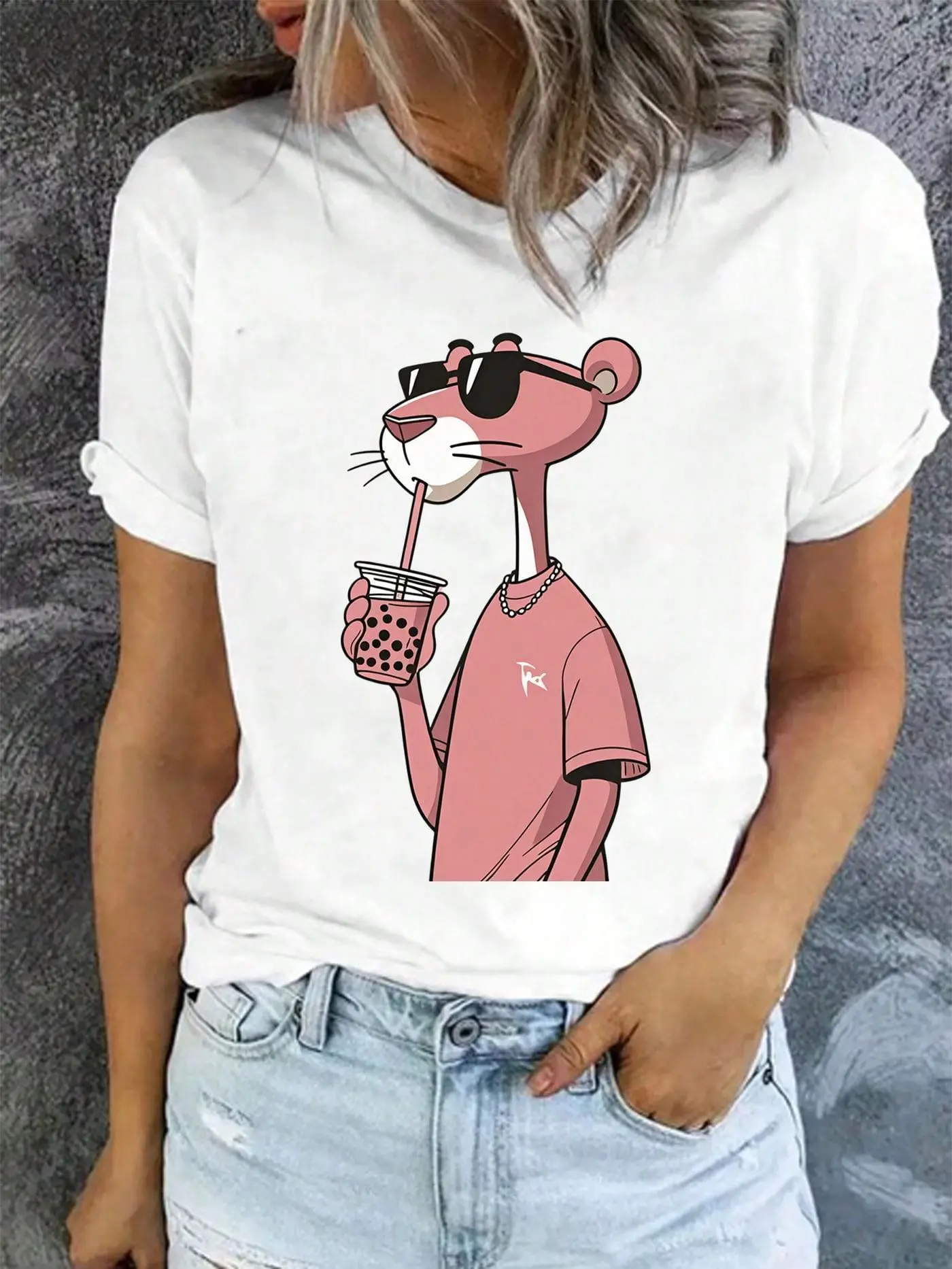 Women's  Graphic T-Shirt,  Panther Drinking Boba Bubble Tea Soft  Casual Tee For Summer Brunch, Gift For Girls Who Love Whimsical Prints - Relaxed Fit, Lightweight, Pairs With Jeans