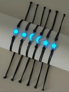 Night Glow Sun Moon Star Handwoven Bracelets Set, Stackable Bracelet, Cute Simple Style, Perfect Gift for Family & Friends, 6 Pieces Per Set