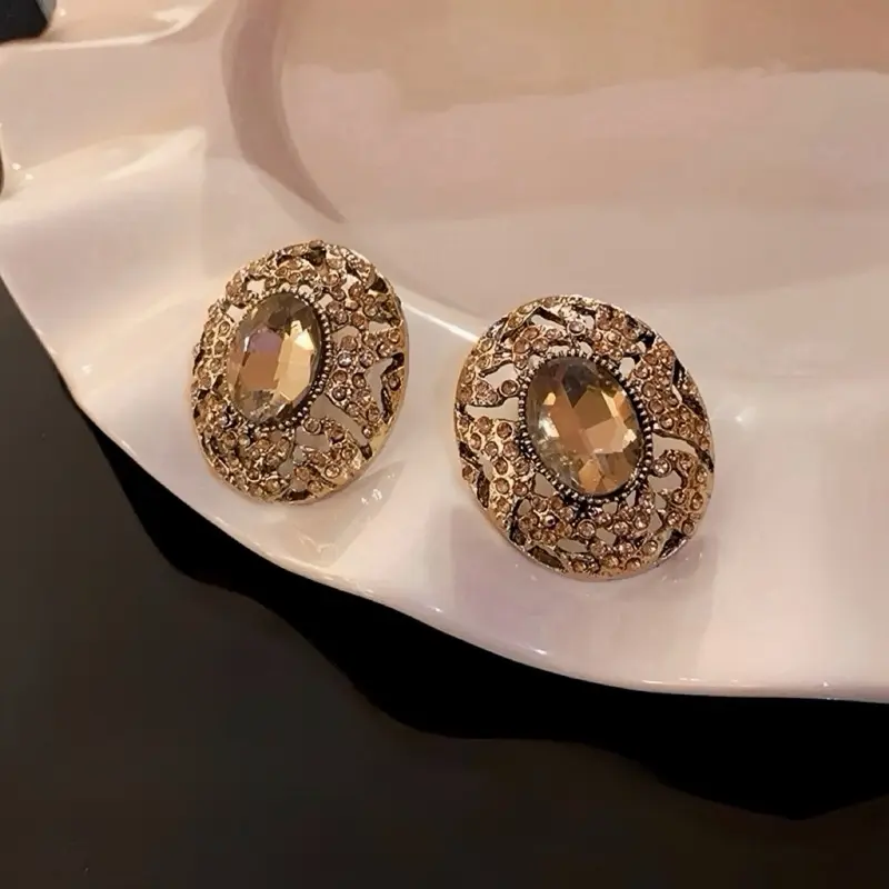 925 Silver Needle Vintage Palace Oval Diamond Stud Earrings, Luxury Elegant Retro Niche High-End Ear Jewelry Retro Stud Earrings