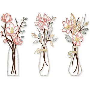 3 Pcs Metal Flowers Wall Art, Artistic Rustic Farmhouse Floral Decor, Decoration, Multicolored 13.8x6 inch, for Bathroom Dining Room Front Porch, Housewarming Gift