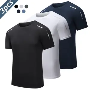3pcs Black-White-Navy Blue Casual Sports Printed Reflective Stripe T-Shirt, Breathable Moisture-Wicking Crew Neck Short Sleeve Top, Running Shirt, Dry & Wet Sport Tee, Gym & Summer Activity Short Sleeve Button-Down Shirt, Crew Neck T-Shirt, Non-See-Throug