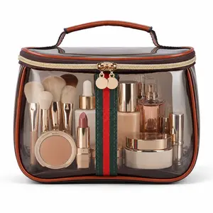New Retro Vintage Vanity Bag, Makeup Organizer for Women, Ladies Travle Storage Case, Transparent Toiletry Bag, Portable Skincare Storage Case (Brown)