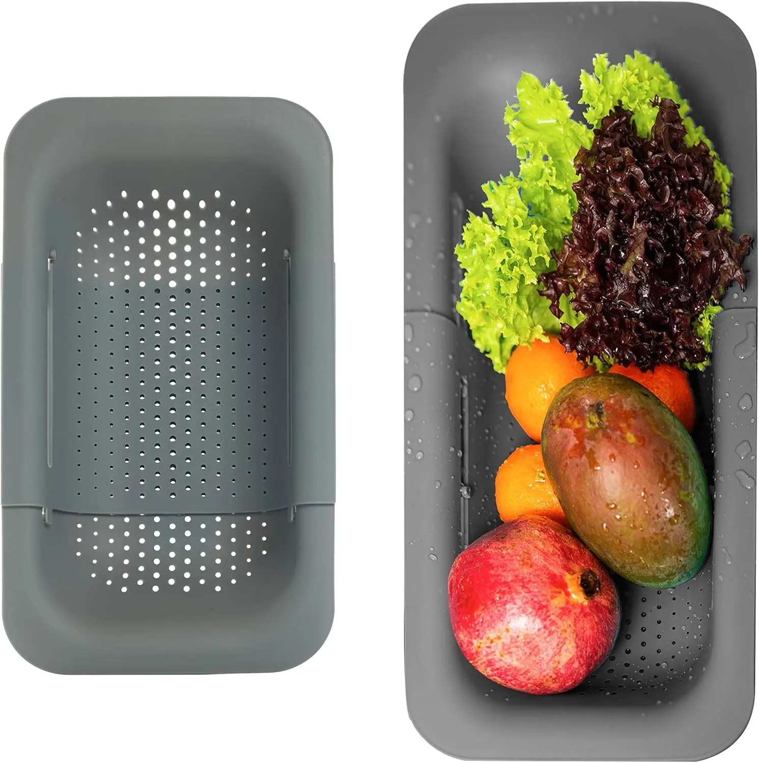 Over The Sink Expandable Colander Strainer Basket, Adjustable Kitchen Sink Drain Basket with Extendable Handles, Large Capacity Vegetable Washing Basket for Fruits, Pasta and Food, Collapsible Kitchen Colander Tool,  Kitchen Essential for Home dish rack
