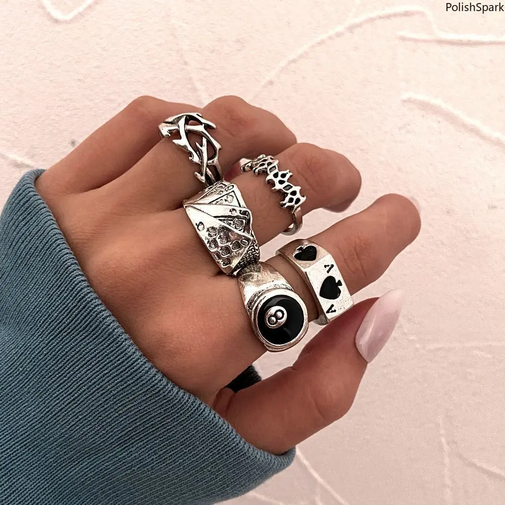 5 Piece Gothic Punk Stackable Ring Set for Women & Men – Vintage Silver 8 Ball Ace of Spades Playing Cards Rings, Adjustable Open Rings, Y2K Emo Jewelry for Daily & Party Wear tiktokshopbacktoschool