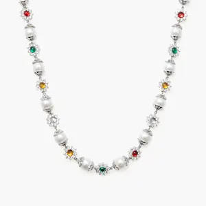 en route Daisy Pearl Necklace in Silver, Elegant Silver-tone with Pearls and Vibrant Gemstone Blooms, A Modern Statement Piece for Bold Layering