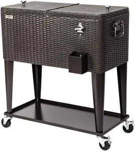 VINGLI 80 Quart Rolling Ice Chest, Portable Patio Party Bar Drink Cooler Cart, with Shelf, Beverage Pool with Bottle Opener (Brown)