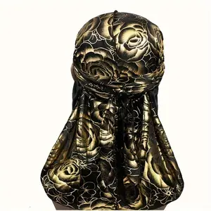 Rose Printed Long Tail Durag Cap Hip Hop Head Wrap Headwear With Long Ties Turban Hat Bandanas