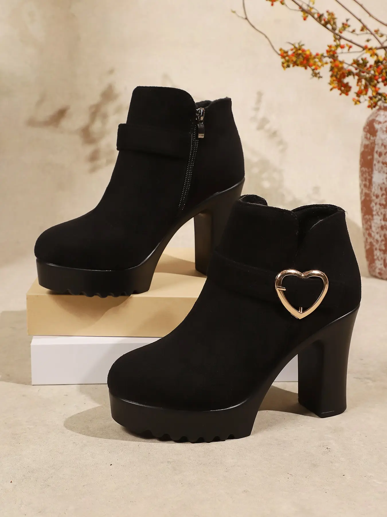 Women's Velvet Heart Buckle Chunky Heel Short Boots, Waterproof Thick Sole High-Heeled Ankle Boot with Side Zipper