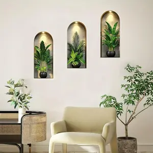 3-piece set, Nordic green plant themed simulated arched window flower basin wall sticker, self-adhesive removable decorative sticker, suitable for wall decoration in living rooms, dining rooms, and study rooms, Household Decoration Supplies