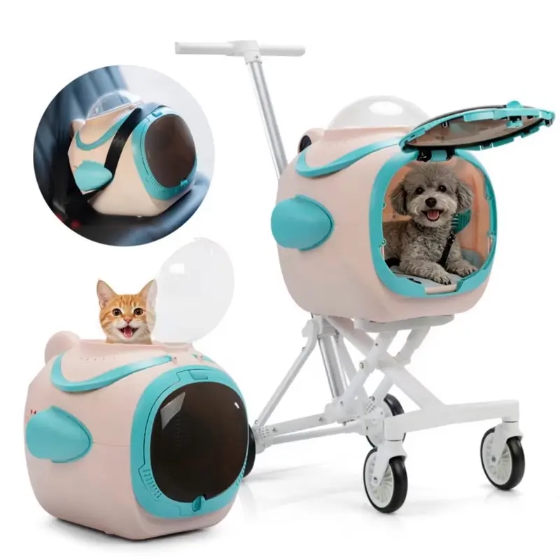 Space Capsule Pet Stroller for Small Dogs & Cats - 42L Detachable Ventilated Durable Pet Carrier with 360° Rotating Wheels, Fresh Air Fan, Temperature Display, Night Light, Outdoor Hands-Free Design (Pink)