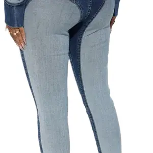 Two Tone Jeans - Women's High Waist Denim with Contrast Stitching and Comfortable Fit