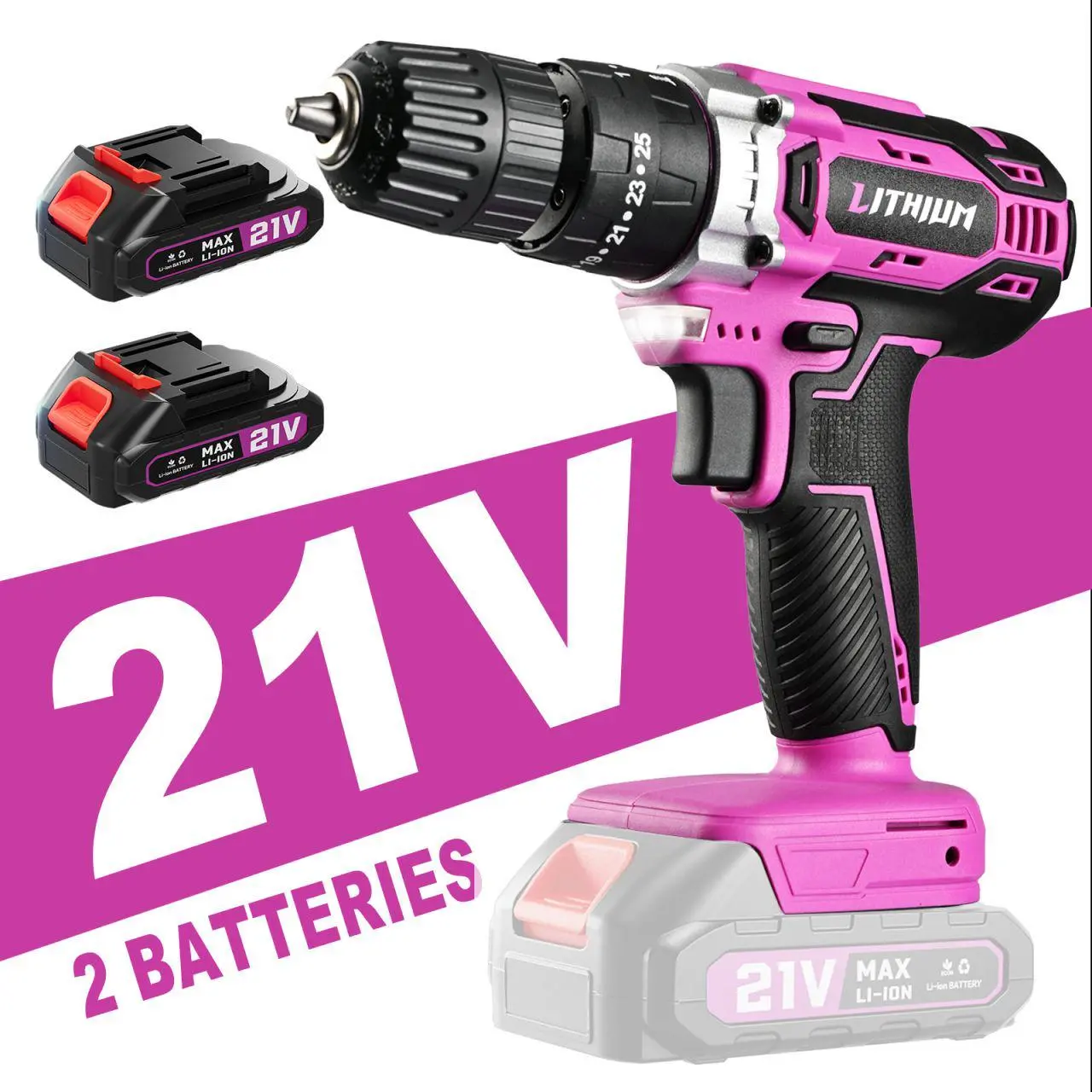 21V Pink Cordless Drill Driver Kit, 2 Batteries, 25+1 Torque, 2-Speed, Keyless Chuck, LED Worklight for Home DIY Repair Projects