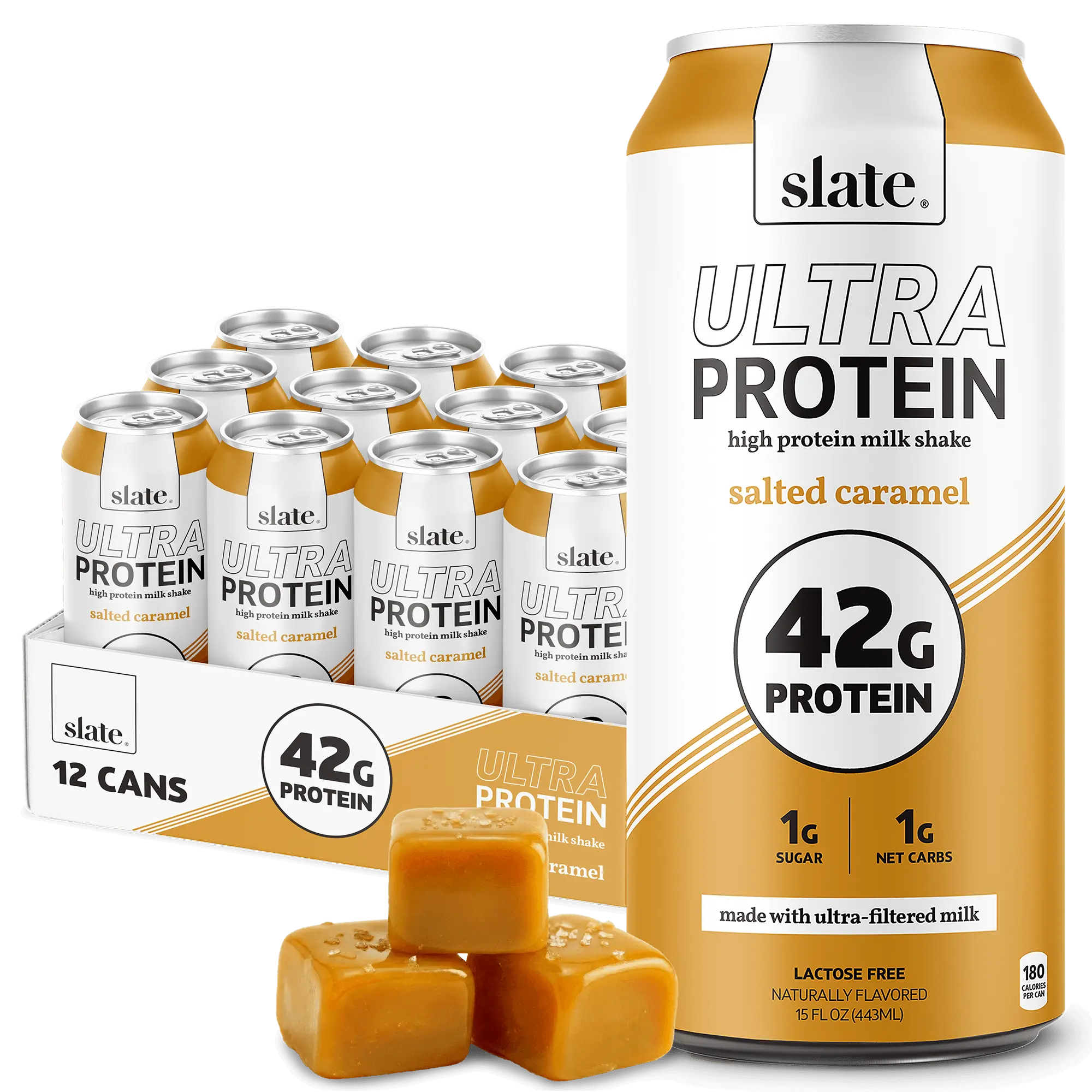 Slate Milk - Ultra High Protein Shake - Salted Caramel- 42g Protein, 1g Sugar, 180 Calories, 1g Net Carbs - Lactose Free - Post Workout - 15 fl oz