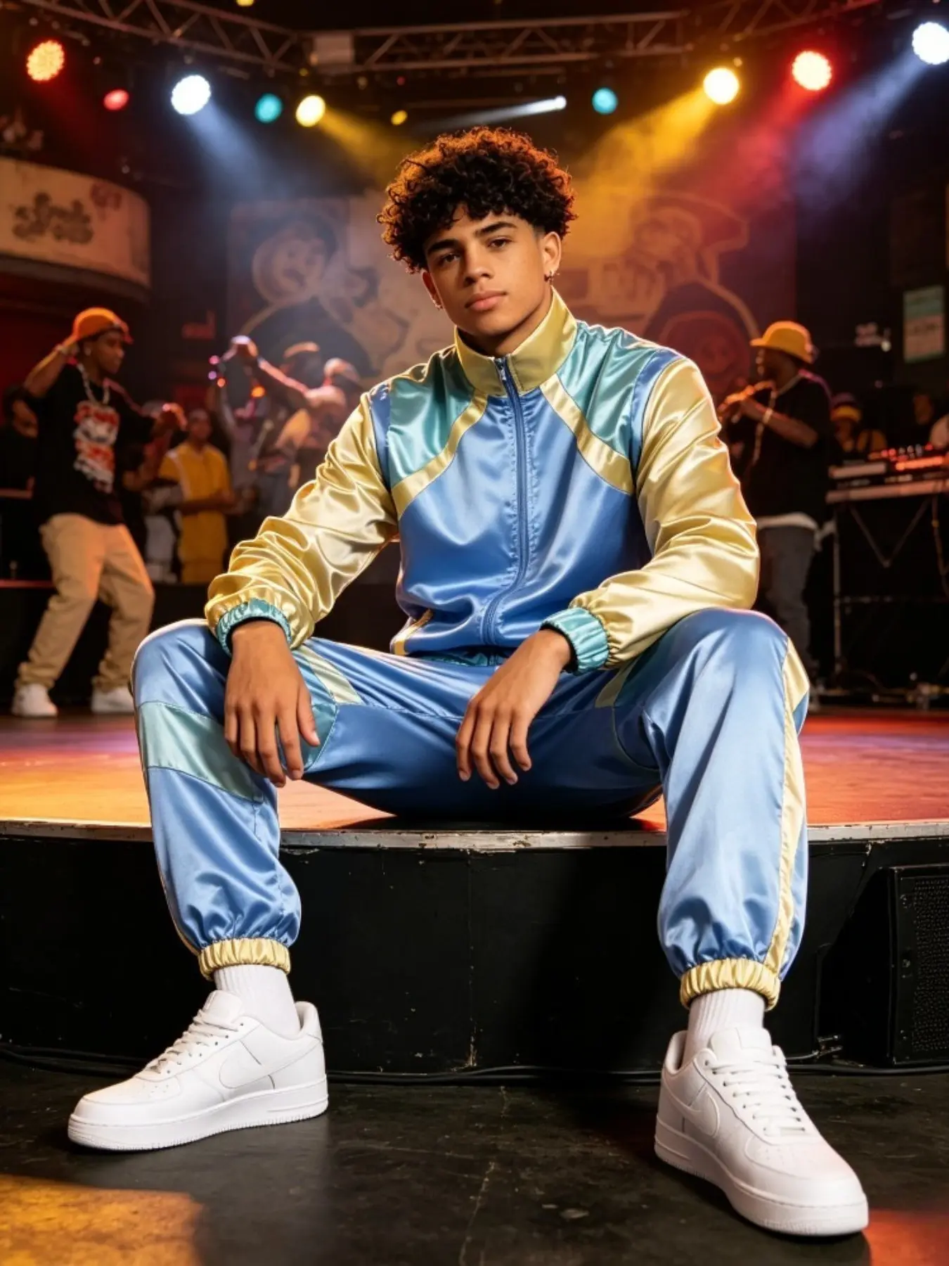 80s Race Track Tracksuit for Men Women | Retro Racing Jogger Suit with Zip Up Jacket + Side Stripe Pants | Fluorescent Color Block Costume for Car Show Party